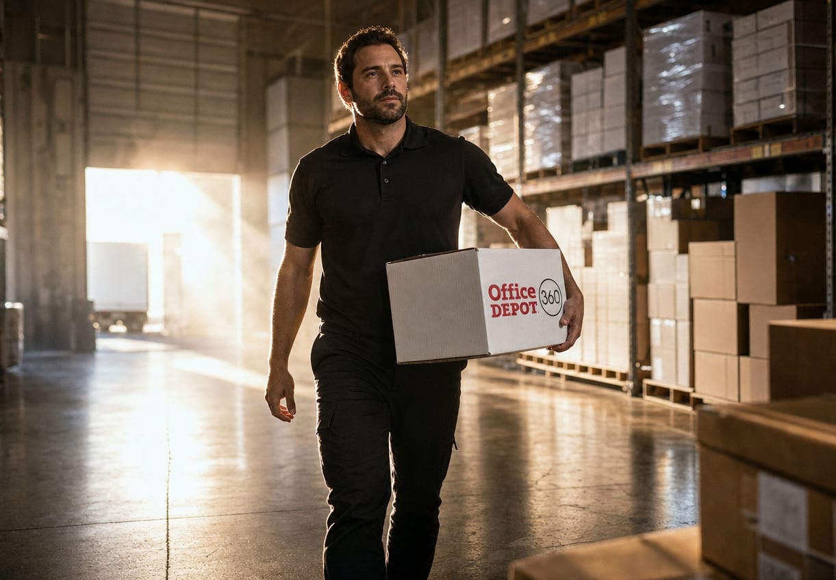 A warehouse worker carries an Office Depot 360 box past stocked shelving