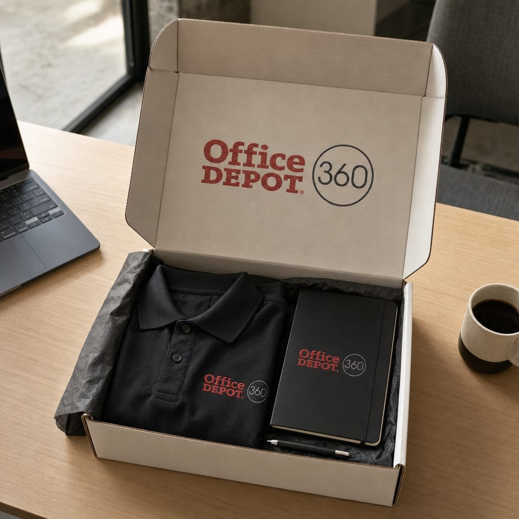 An Office Depot 360 welcome box with a branded polo, notebook and pen